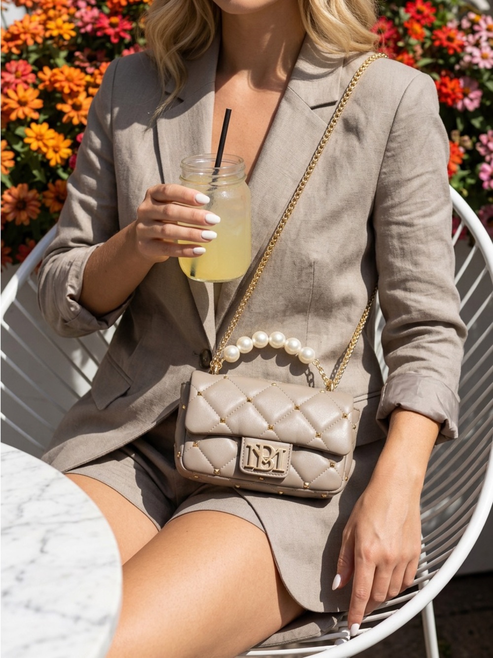 Badgley Mischka Taupe Quilted Mini Bag with Pearl Handle - Picture 2 of 4
